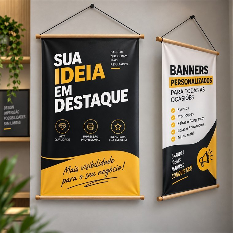 Banners verticais com bastões de madeira e corda