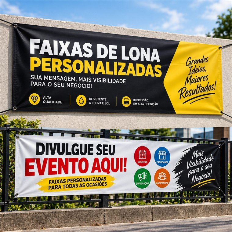 Faixas de lona personalizadas instaladas em muro e grade