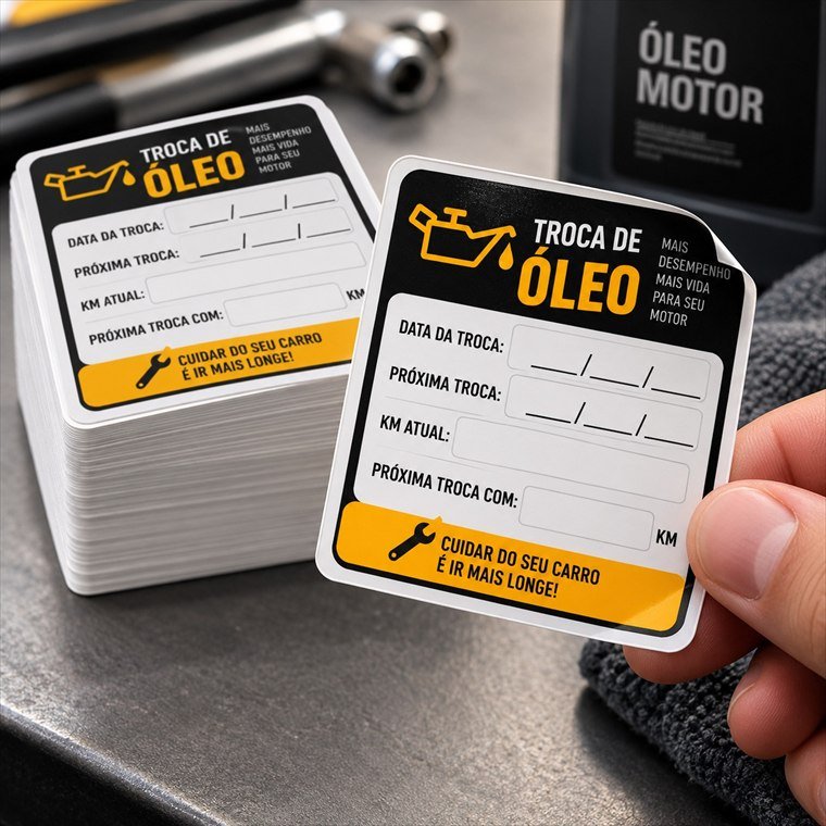 Adesivos de troca de óleo com campos para data e quilometragem